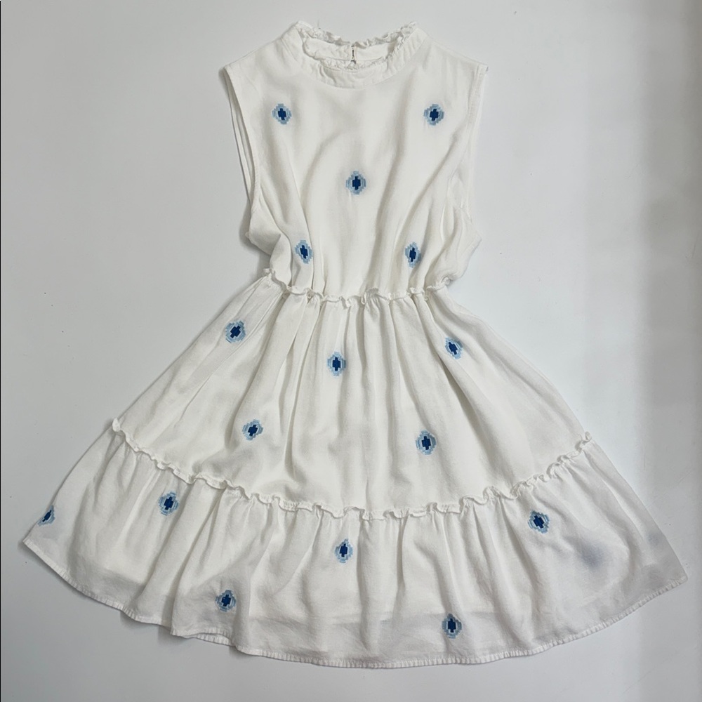 J. Marie Embroidered Tiered Dress Linen Blend Blue Motif Cottagecore L